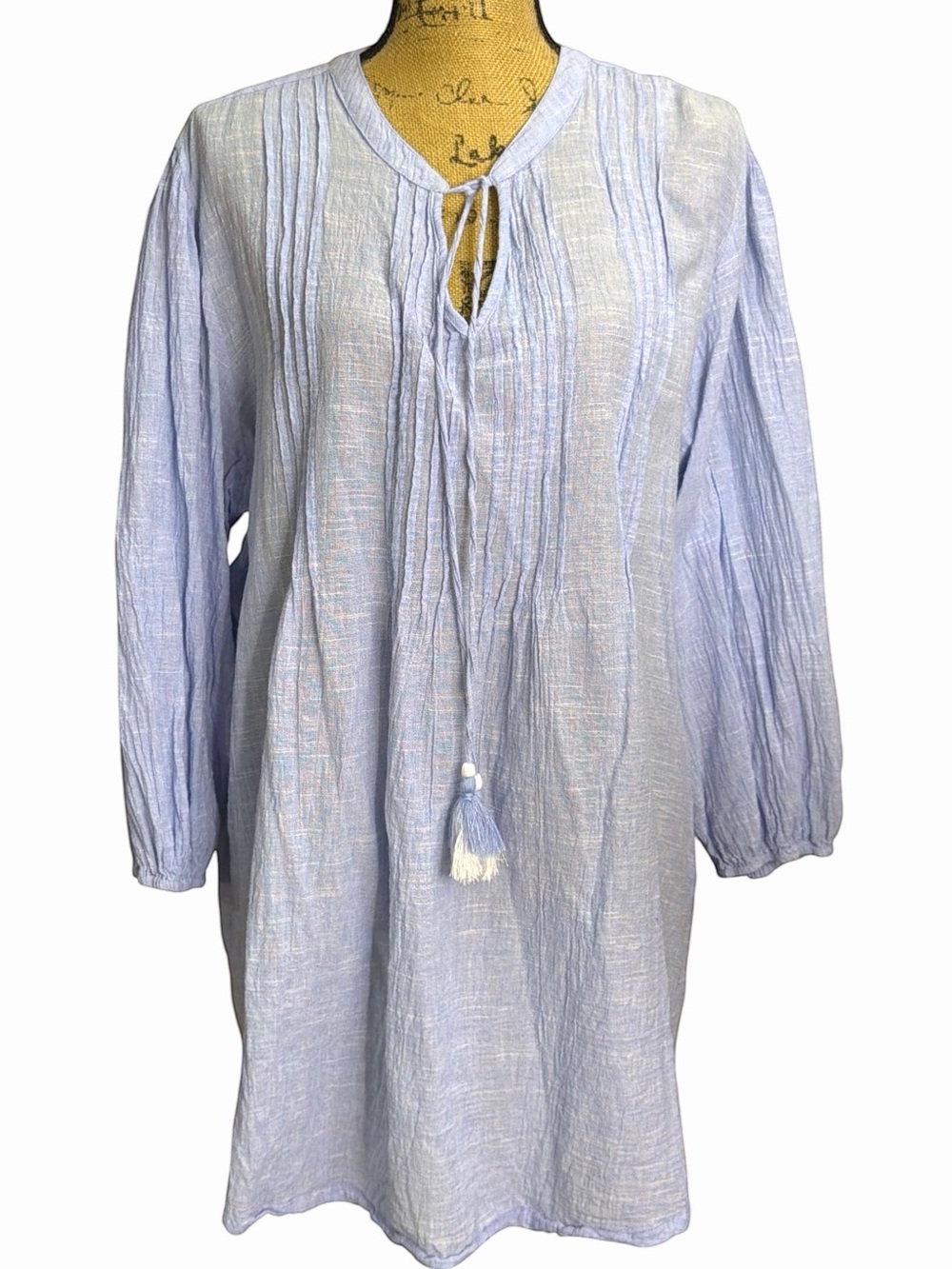 Blue Island Light Blue Chambray Gauze Boho Tunic with Tassel Tie. EC. Size 2X
